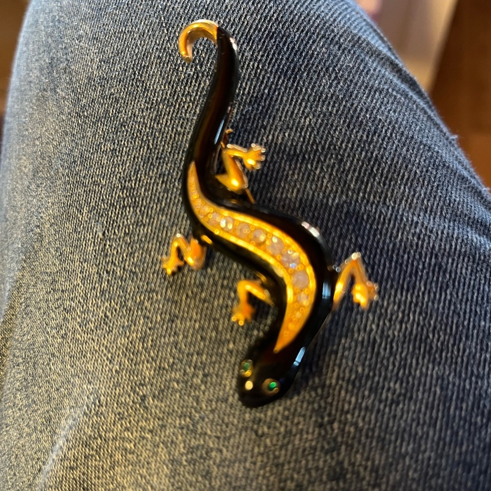 Vintage Avon black salamander pin clear jewels on body green eyes